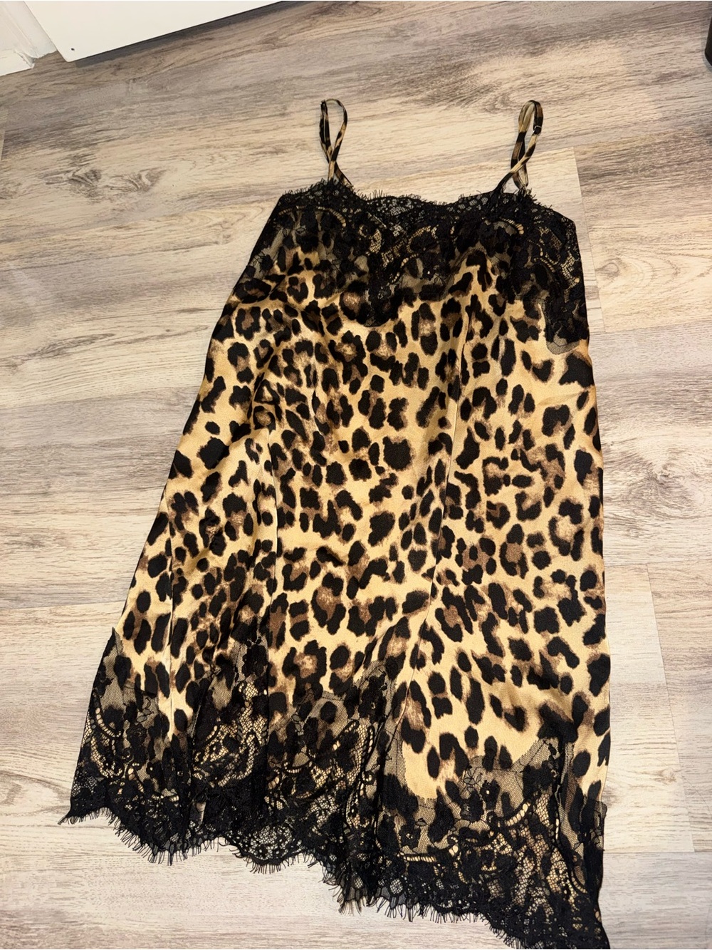 Leopard Print Lace-Trim Slip Dress - Black & Tan